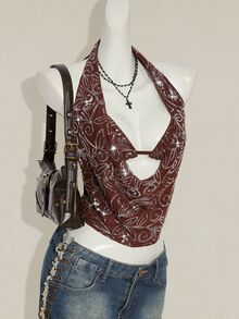 SHEIN ICON 2pcs Women's Sequin Crop Top & Shawl Collar Overlay, Sexy & Retro Style Suitable For Party - Coffee Brown - View 6