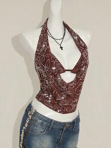 SHEIN ICON 2pcs Women's Sequin Crop Top & Shawl Collar Overlay, Sexy & Retro Style Suitable For Party - Coffee Brown - View 7