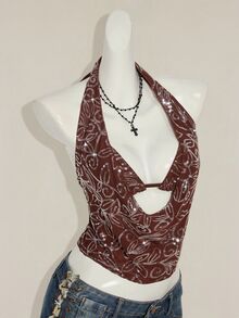 SHEIN ICON 2pcs Women's Sequin Crop Top & Shawl Collar Overlay, Sexy & Retro Style Suitable For Party - Coffee Brown - View 8