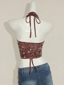 SHEIN ICON 2pcs Women's Sequin Crop Top & Shawl Collar Overlay, Sexy & Retro Style Suitable For Party - Coffee Brown - View 2