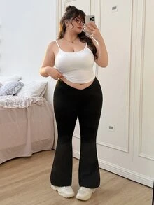 CovetEZ 加大码纯色喇叭裤春季服装 - 黑色 - 查看 5