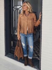 LanaWest Veste à boutons devant avec garniture à franges - Tabac - Voir 7