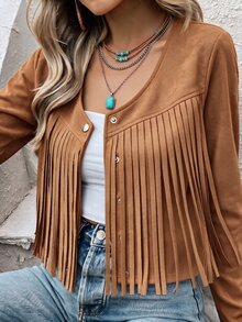 LanaWest Veste à boutons devant avec garniture à franges - Tabac - Voir 5