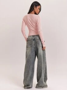 SHEIN BAE New Gentle Charm Deep V-Neck Criss-Cross Collar High Waist Ribbed Cinched Waist Commute Date Versatile Long Sleeve Women's Sweater - Pink - View 3