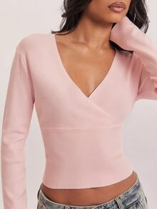 SHEIN BAE New Gentle Charm Deep V-Neck Criss-Cross Collar High Waist Ribbed Cinched Waist Commute Date Versatile Long Sleeve Women's Sweater - Pink - View 8