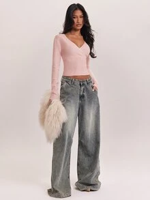 SHEIN BAE New Gentle Charm Deep V-Neck Criss-Cross Collar High Waist Ribbed Cinched Waist Commute Date Versatile Long Sleeve Women's Sweater - Pink - View 5