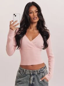 SHEIN BAE New Gentle Charm Deep V-Neck Criss-Cross Collar High Waist Ribbed Cinched Waist Commute Date Versatile Long Sleeve Women's Sweater - Pink - View 7