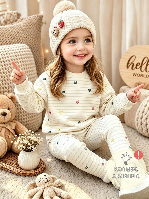New Baby Girl Striped Colorful Floral Heart 2-Piece Set Round Neck Long Sleeve Sweatshirt Elastic Waist Leggings Fashion Cute Casual Outing Outfit Autumn/Winter