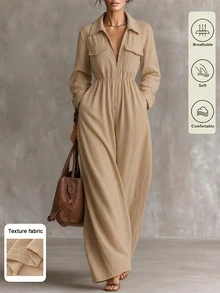 LUMIGAL Women's Casual Commute Solid Color Jumpsuit - Khaki - View 1