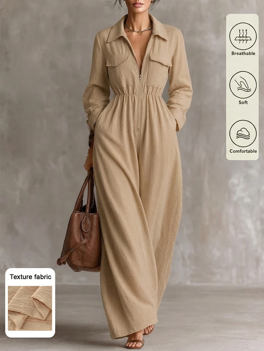 LUMIGAL Women's Casual Commute Solid Color Jumpsuit - Khaki - View 1