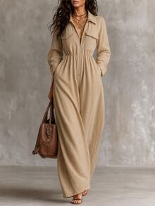 LUMIGAL Women's Casual Commute Solid Color Jumpsuit - Khaki - View 4