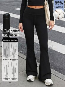 SHEIN PETITE 女款時尚百搭純色喇叭褲 健身運動工作褲 黑色秋季基礎款休閒街頭風 95%棉 彈性褲 小碼 - 黑色 - 查看 3