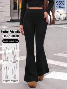 SHEIN PETITE 女款時尚百搭純色喇叭褲 健身運動工作褲 黑色秋季基礎款休閒街頭風 95%棉 彈性褲 小碼 - 黑色 - 查看 11
