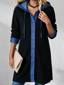Louniche Mantel Kasual Lengan Panjang Berkerudung dengan Motif Ribbed Vertikal, Bahan Fleece, dan Kancing Depan, Terbuat dari Denim. - Hitam - View 4
