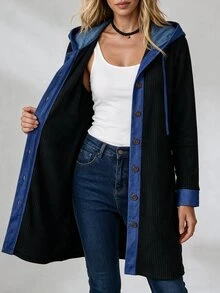 Louniche Mantel Kasual Lengan Panjang Berkerudung dengan Motif Ribbed Vertikal, Bahan Fleece, dan Kancing Depan, Terbuat dari Denim. - Hitam - View 7