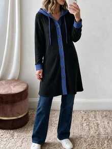 Louniche Mantel Kasual Lengan Panjang Berkerudung dengan Motif Ribbed Vertikal, Bahan Fleece, dan Kancing Depan, Terbuat dari Denim. - Hitam - View 5