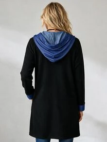 Louniche Mantel Kasual Lengan Panjang Berkerudung dengan Motif Ribbed Vertikal, Bahan Fleece, dan Kancing Depan, Terbuat dari Denim. - Hitam - View 8