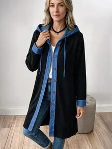 Louniche Mantel Kasual Lengan Panjang Berkerudung dengan Motif Ribbed Vertikal, Bahan Fleece, dan Kancing Depan, Terbuat dari Denim. - Hitam - View 2