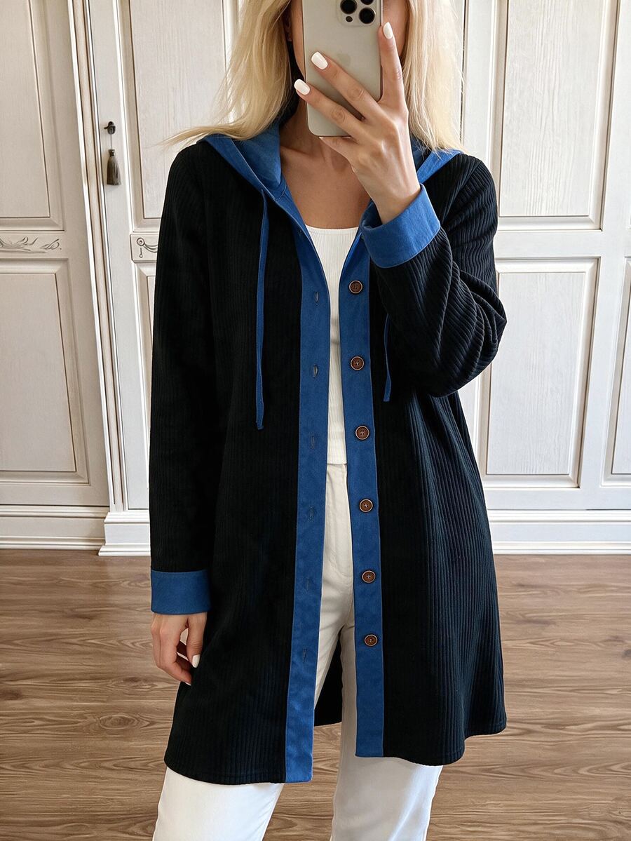 Louniche Mantel Kasual Lengan Panjang Berkerudung dengan Motif Ribbed Vertikal, Bahan Fleece, dan Kancing Depan, Terbuat dari Denim. - Hitam - View 1