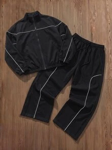 SWAVVY Setelan Kasual Pria Lengan Panjang dan Celana Warna Kontras untuk Sehari-hari - Hitam - View 5
