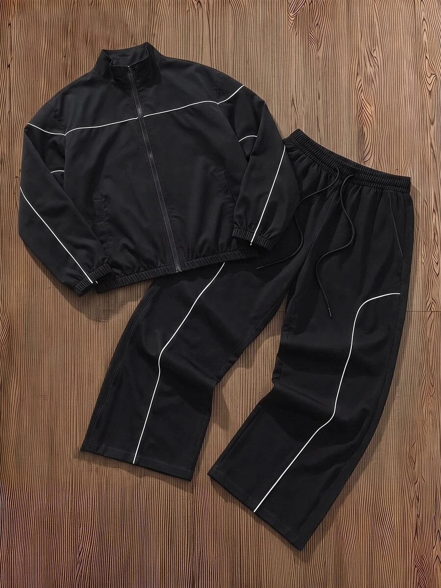 SWAVVY Men's Contrast Color Long Sleeve Jacket And Pants Casual Daily Set - Black - View 1