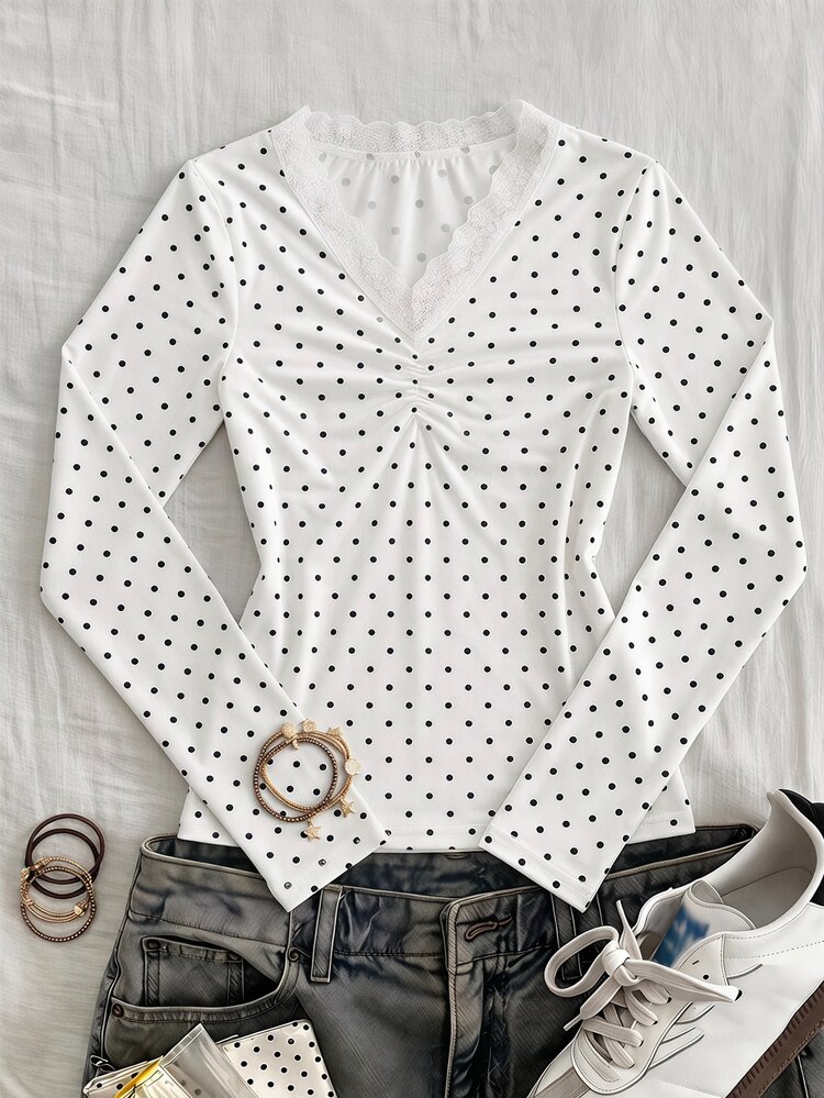 SHEIN Teen Girls Fall Tops Grey Black Polka Dot Collar Button Decor Lace Trim Design Long Sleeve Casual Versatile Design T-Shirt - White - View 2
