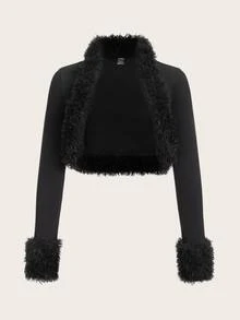 SHEIN ICON 纯色毛绒边前开短款秋装女式夹克 - 黑色 - 查看 3