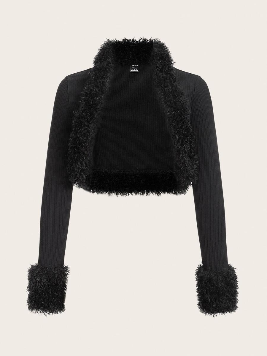 SHEIN ICON Solid Fuzzy Trim Open Front Crop Fall Clothes Women Jacket - Black - View 1