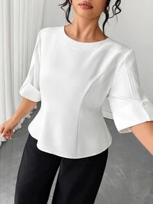 Elenzga Plus Size Women's Solid Color Casual Versatile Daily Wear Shirt - Beige - View 4