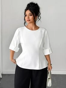 Elenzga Plus Size Women's Solid Color Casual Versatile Daily Wear Shirt - Beige - View 1