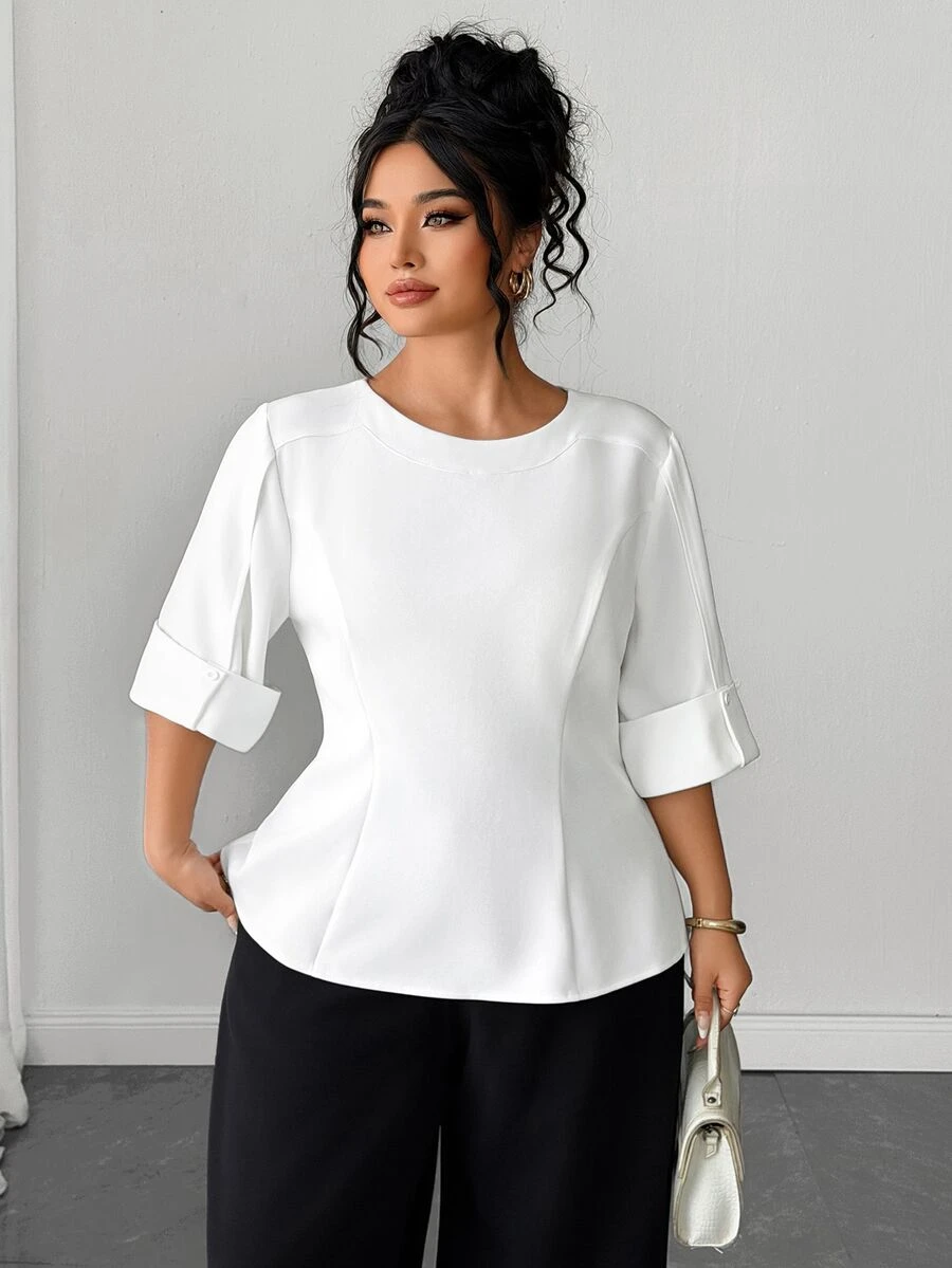 Elenzga Plus Size Women's Solid Color Casual Versatile Daily Wear Shirt - Beige - View 1