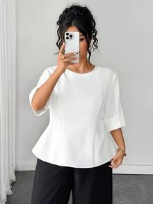 Elenzga Plus Size Women's Solid Color Casual Versatile Daily Wear Shirt - Beige - View 5