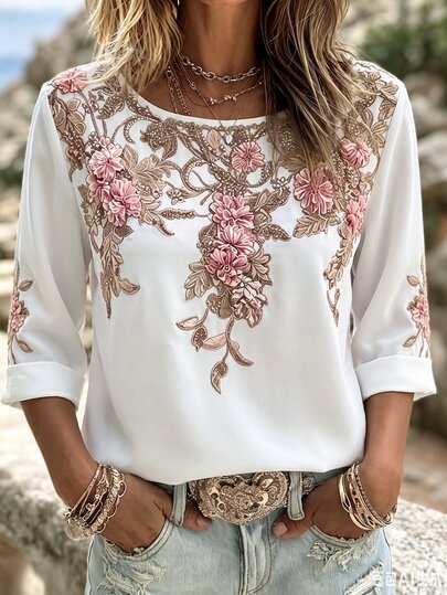 Weeklong Plus Size Women's Autumn/Winter New Solid Color Round Neck 3/4 Rolled Sleeve Apricot Base Multicolor Floral Print Loose Casual Vacation Beach Street Style Fashion Versatile Shirt