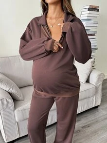 SHEIN Maternity Autumn/Winter Casual Sweatshirt & Sweatpants Nursing 2 Pieces Set - Brown - View 2