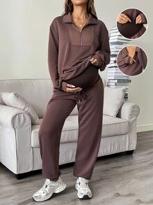 SHEIN Maternity Autumn/Winter Casual Sweatshirt & Sweatpants Nursing 2 Pieces Set - Brown - View 1