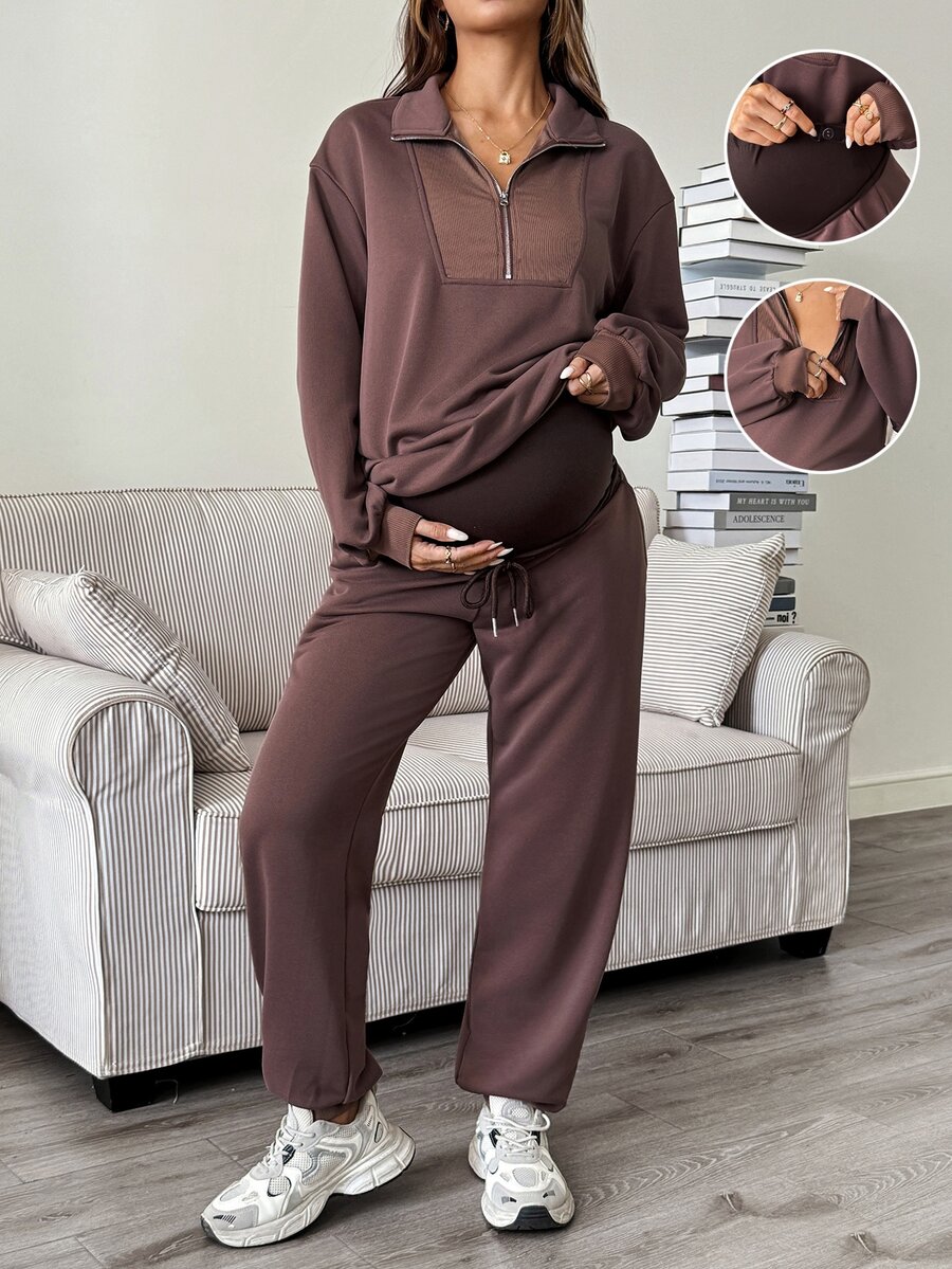 SHEIN Maternity Autumn/Winter Casual Sweatshirt & Sweatpants Nursing 2 Pieces Set - Brown - View 1