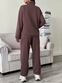 SHEIN Maternity Autumn/Winter Casual Sweatshirt & Sweatpants Nursing 2 Pieces Set - Brown - View 9
