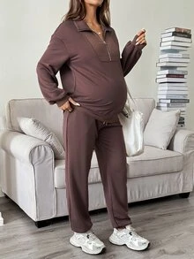 SHEIN Maternity Autumn/Winter Casual Sweatshirt & Sweatpants Nursing 2 Pieces Set - Brown - View 7