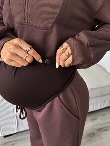 SHEIN Maternity Autumn/Winter Casual Sweatshirt & Sweatpants Nursing 2 Pieces Set - Brown - View 8