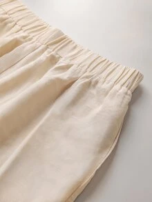 LUMIGAL Set Kasual Wanita Musim Gugur Warna Polos Model Tumpang Tindih Kemeja Lengan Panjang Leher V dan Celana Panjang Lebar - Aprikot - View 8