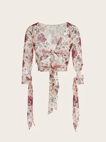 SHEIN ICON Women's Fall Outfits Going Out  Straps Tie Knot Sexy Lace Floral Printed Button-Up Top - Multicolor - View 2