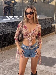 SHEIN ICON Women's Fall Outfits Going Out  Straps Tie Knot Sexy Lace Floral Printed Button-Up Top - Multicolor - View 1