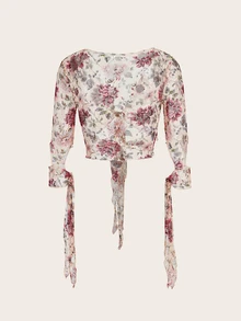 SHEIN ICON Women's Fall Outfits Going Out  Straps Tie Knot Sexy Lace Floral Printed Button-Up Top - Multicolor - View 3