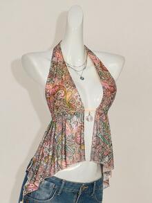 SHEIN ICON Halter Mesh Floral Print Backless Tank Top, Fashionable For Summer Graduation Rave Festival Paisley - White - View 5