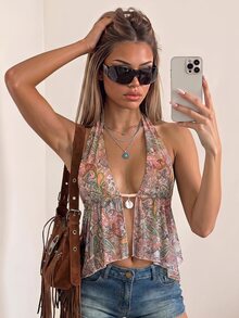 SHEIN ICON Halter Mesh Floral Print Backless Tank Top, Fashionable For Summer Graduation Rave Festival Paisley - White - View 1
