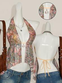 SHEIN ICON Halter Mesh Floral Print Backless Tank Top, Fashionable For Summer Graduation Rave Festival Paisley - White - View 7