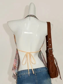 SHEIN ICON Halter Mesh Floral Print Backless Tank Top, Fashionable For Summer Graduation Rave Festival Paisley - White - View 2