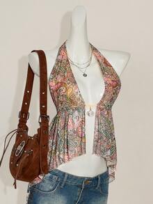 SHEIN ICON Halter Mesh Floral Print Backless Tank Top, Fashionable For Summer Graduation Rave Festival Paisley - White - View 4