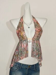 SHEIN ICON Halter Mesh Floral Print Backless Tank Top, Fashionable For Summer Graduation Rave Festival Paisley - White - View 6