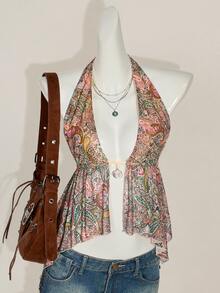 SHEIN ICON Halter Mesh Floral Print Backless Tank Top, Fashionable For Summer Graduation Rave Festival Paisley - White - View 3